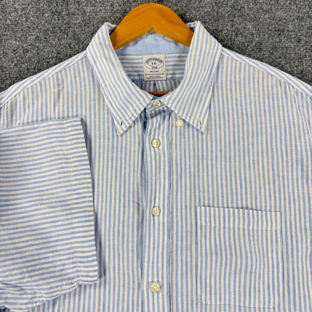 Brooks Brothers Regent Fit Short Sleeve Shirt Men XXL Blue White Striped Linen